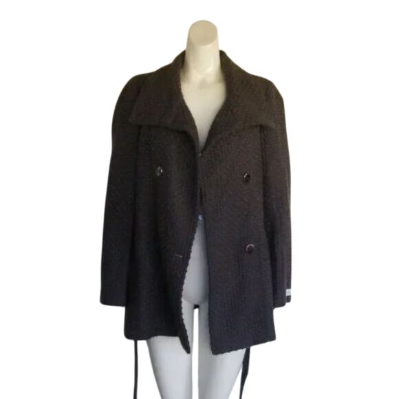 new CALVIN KLEIN Overcoat, S, Basket weave, Gray, Sash Belt, Double Breasted - Picture 6 of 15